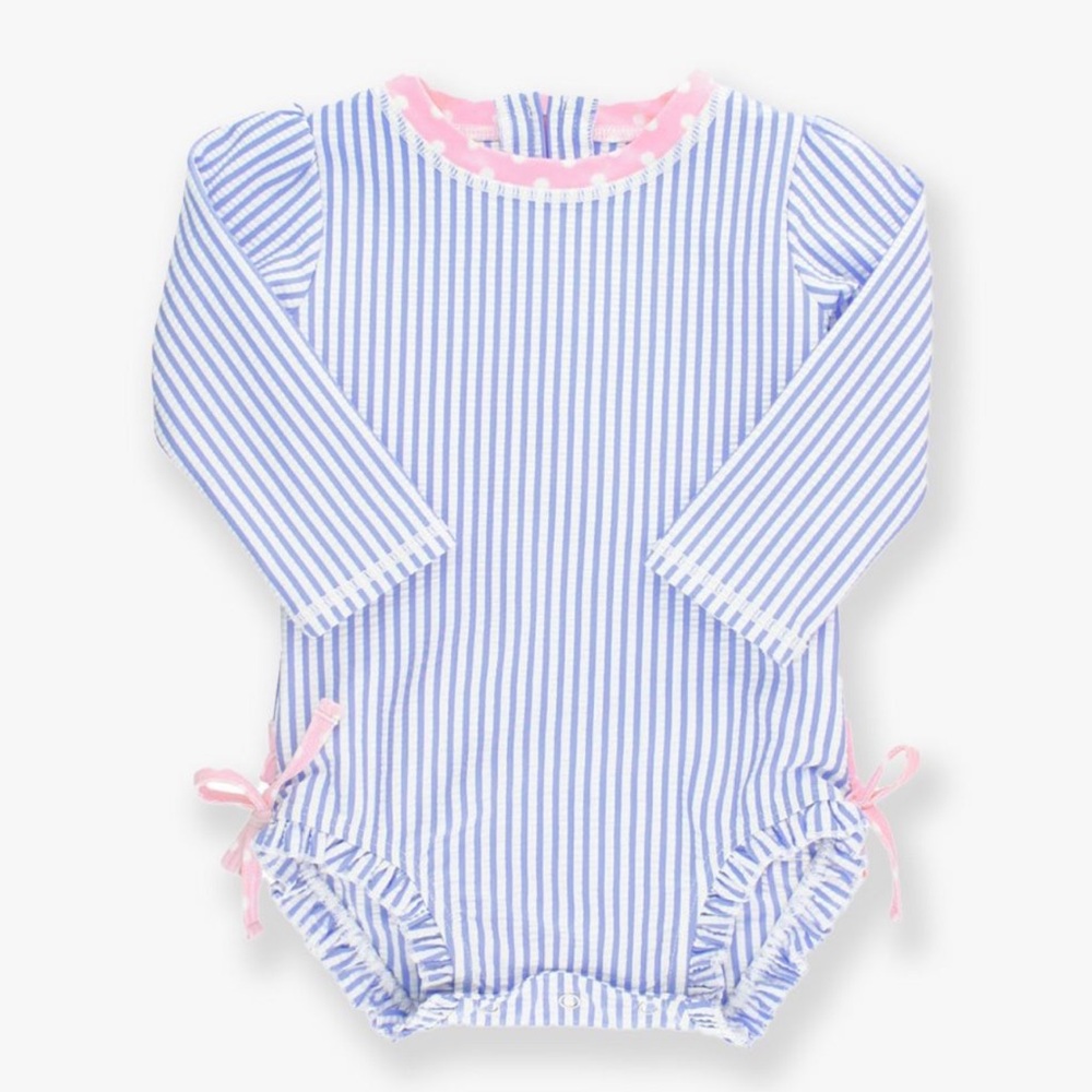 Ruffle Butts Periwinkle Seersucker Long Sleeve One Piece Bathing Suit NWT